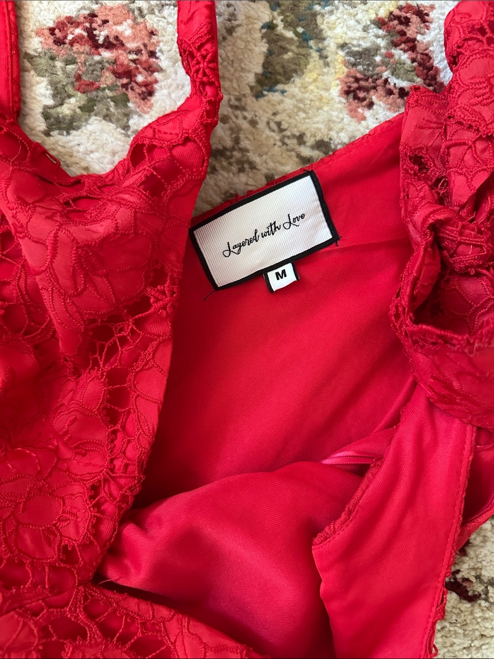 Red Lace Tie-Shoulder Midi Dress size M - Picture 2 of 4